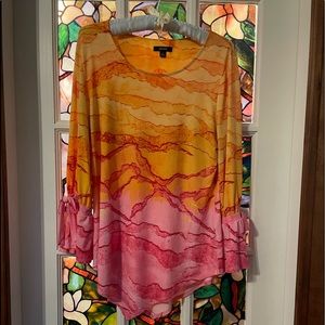 Gorgeous asymmetrical top with three quarter bow tied sleeves pink and orange.